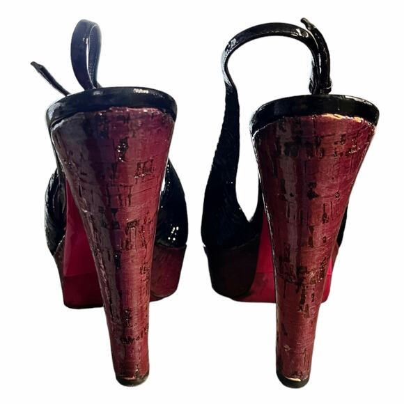 MIU MIU Black Patent Leather Sandals Peep Toe Sling Back Platforms Italy 38.5 - Picture 8 of 16